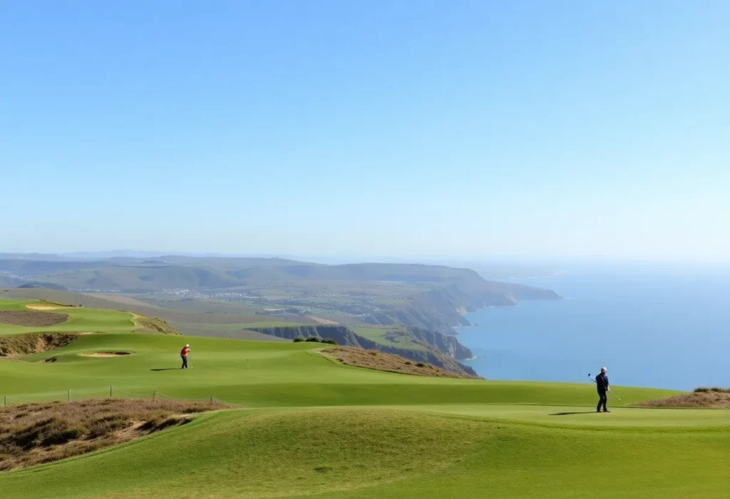 A scenic golf course in Portugal with lush greens and ocean views.