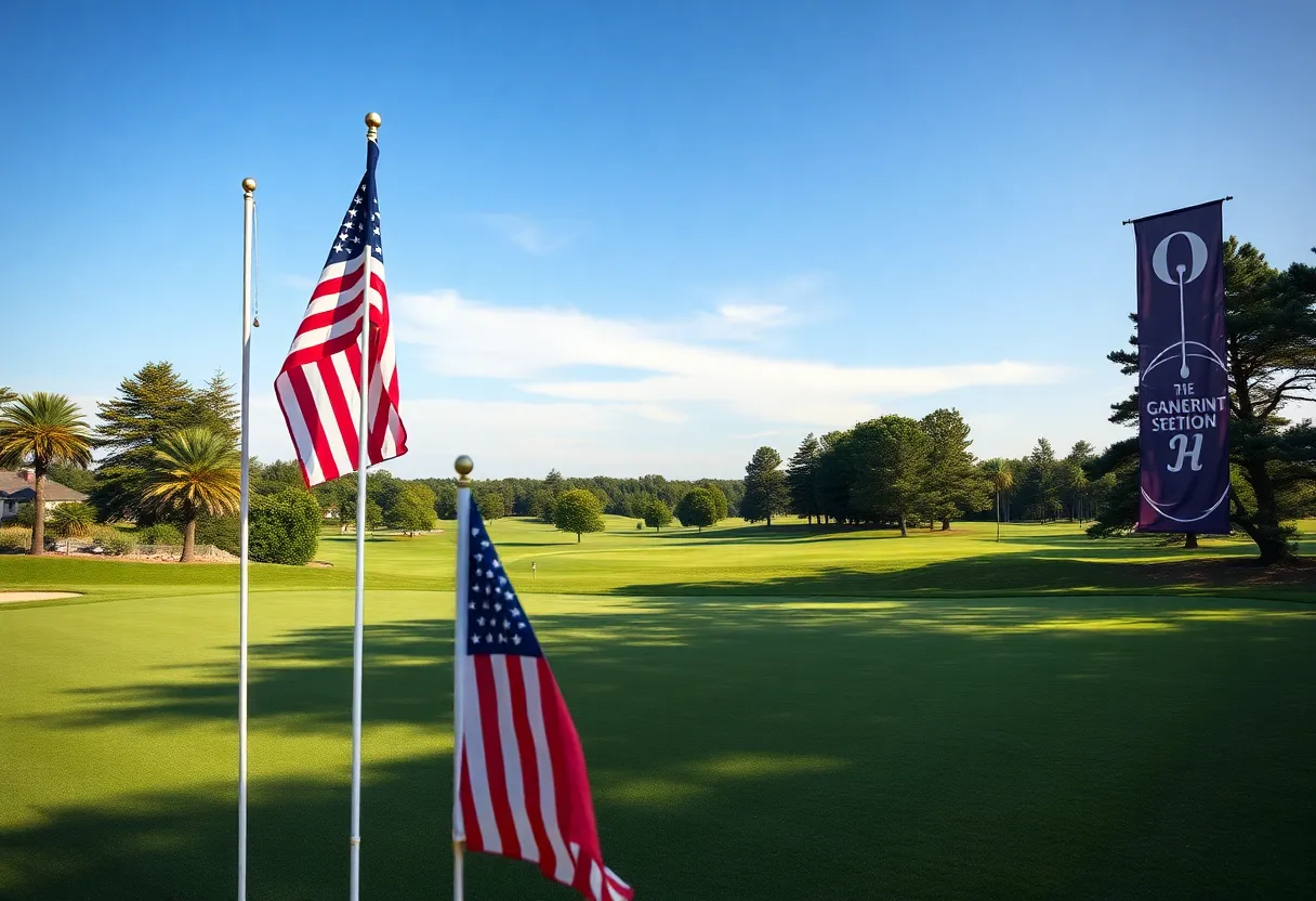 A golf course ready for the Ryder Cup with banners and flags