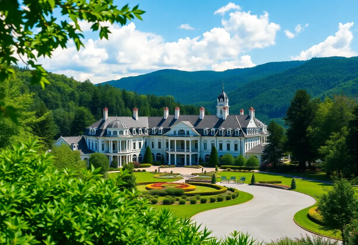The Greenbrier resort viewed from the mountains with lush landscaping.