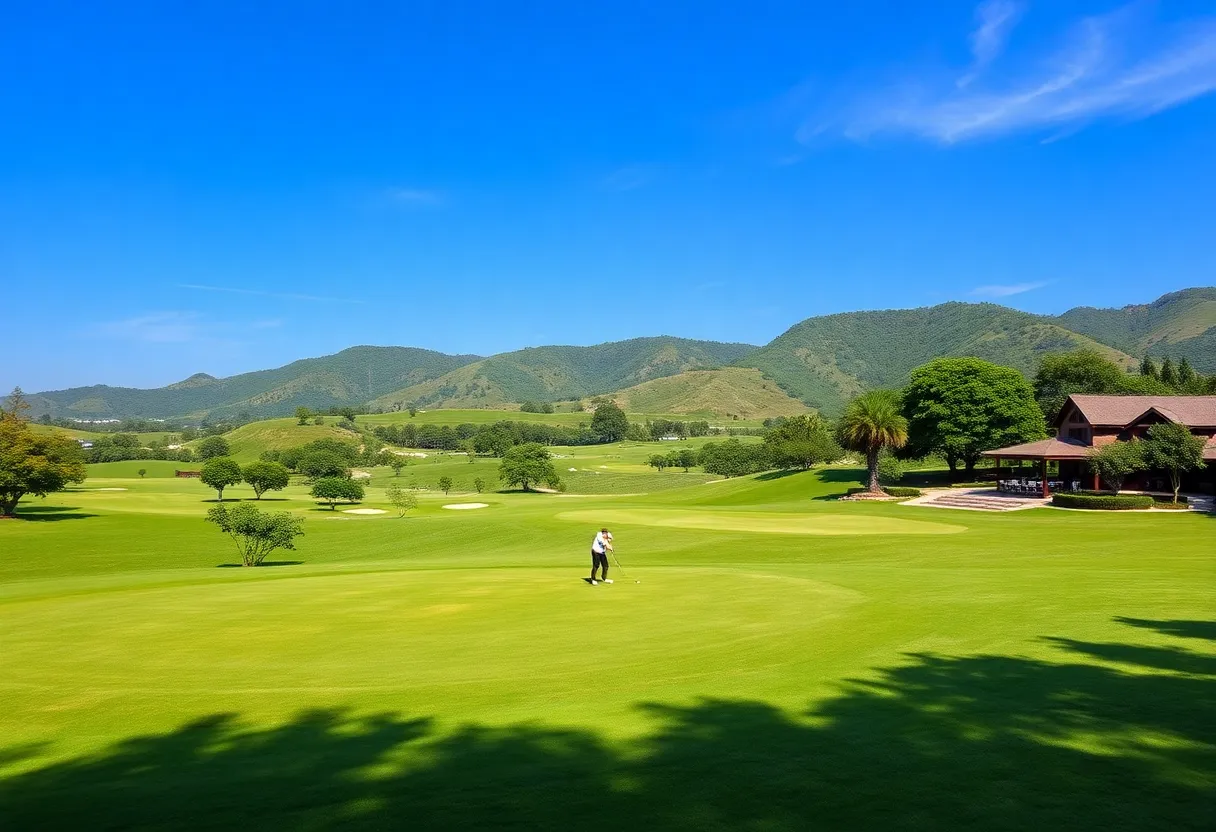 Lush golf course at Vietnam Golf Coast with golfers