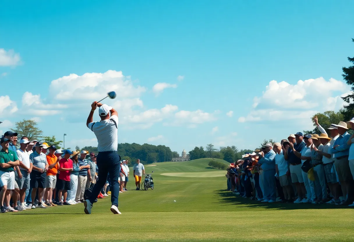 Golfers competing at the 2025 Ryder Cup with a cheering crowd