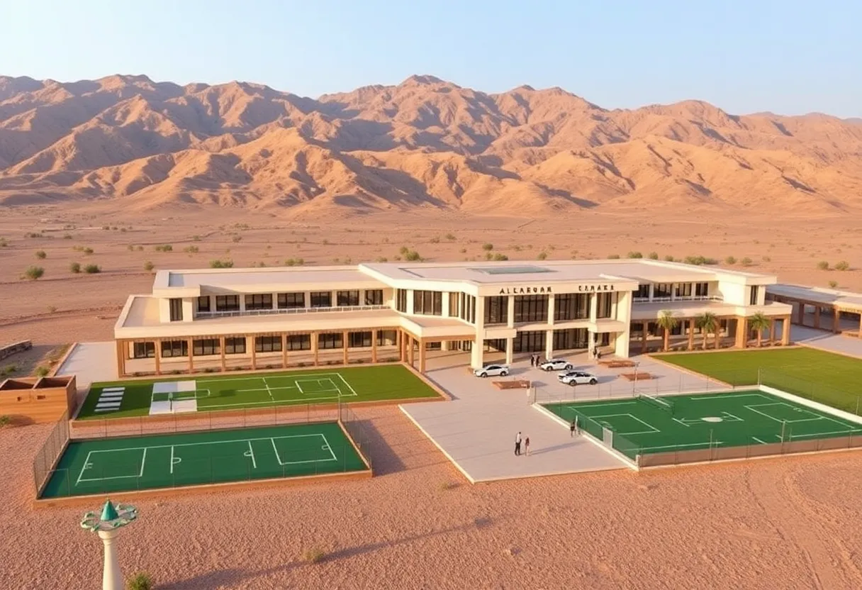 Rendering of the new Al Mouj Golf clubhouse with a backdrop of mountains