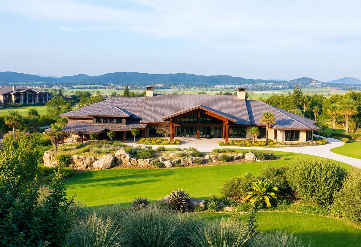 Exterior view of Al Zorah Golf Clubhouse with surrounding greenery
