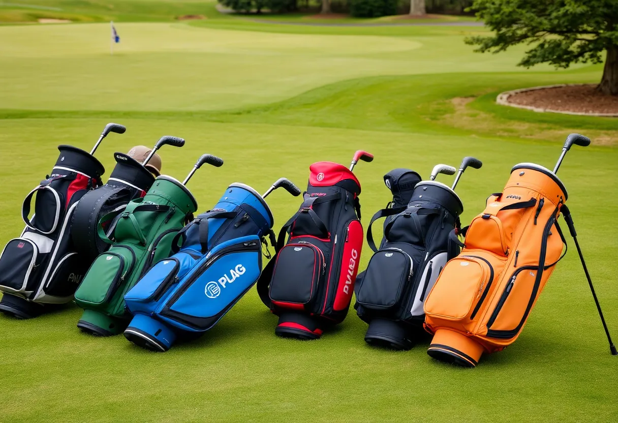 Various lightweight Sunday golf bags displayed on a golf course