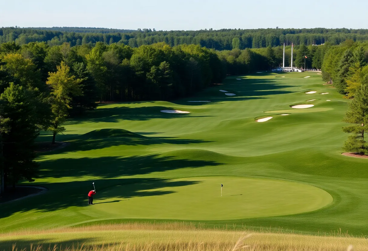 Bethpage Black golf course with golfers preparing for the Ryder Cup