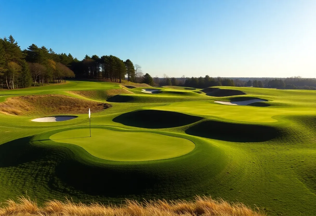 View of Bethpage Black golf course with flat greens.