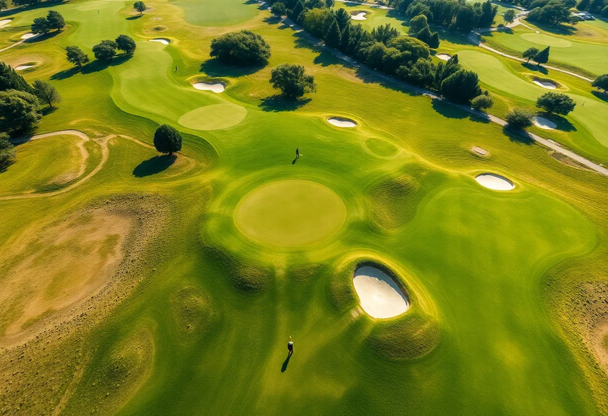 Aerial view of Bethpage Black Golf Course showing golfers in action.
