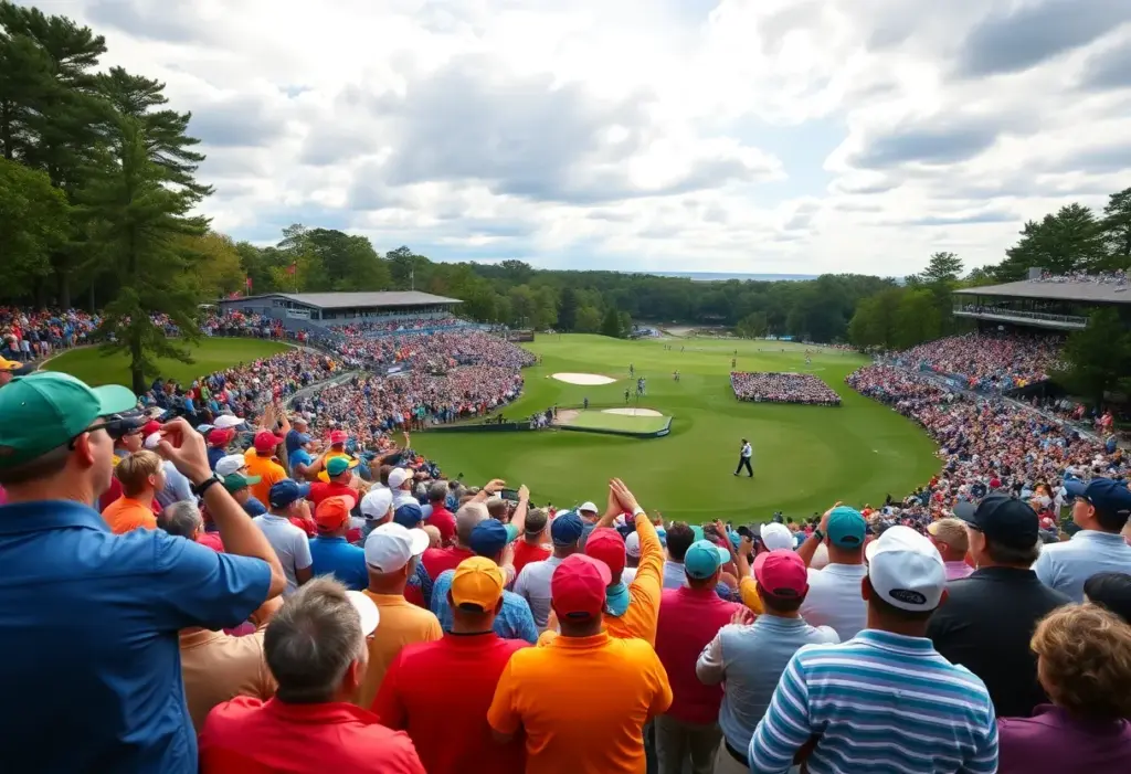 A view of Bethpage Black golf course during a tournament event with cheering fans.