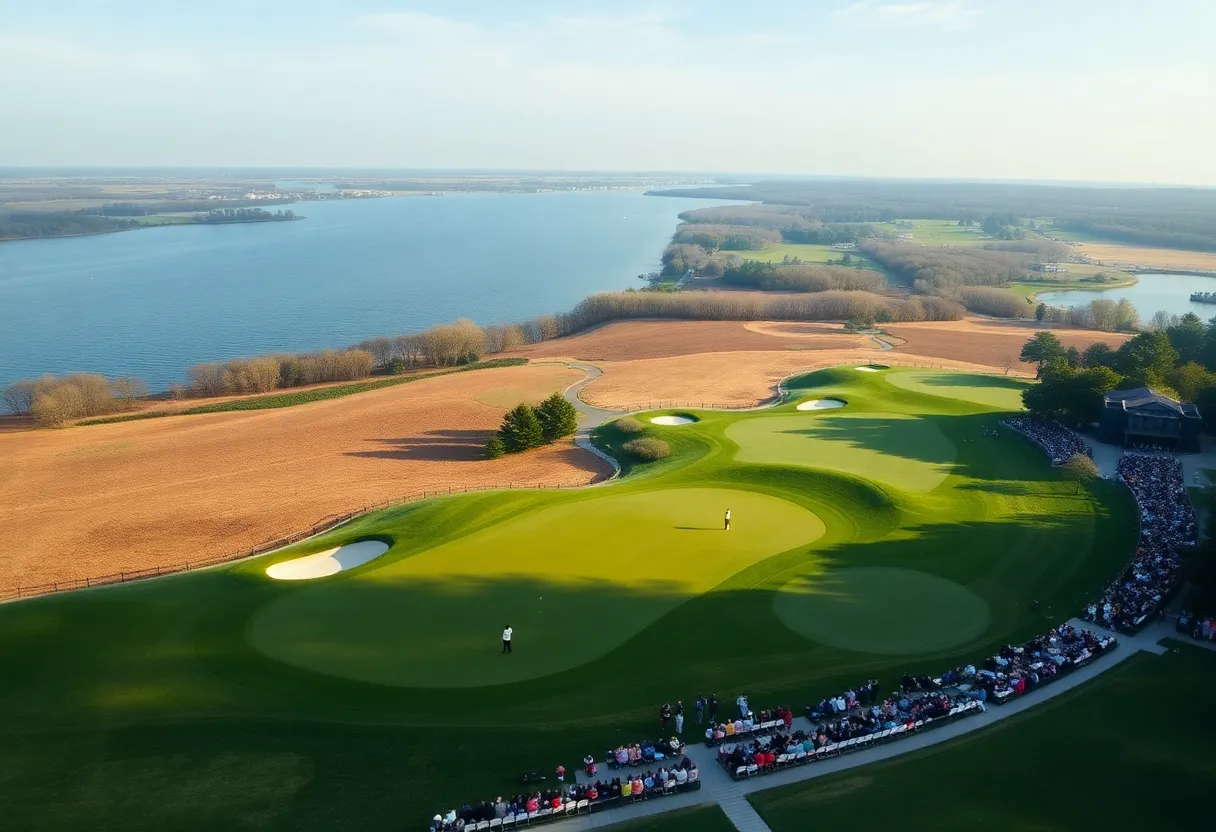 Aerial view of Bethpage Black golf course during Ryder Cup preparations