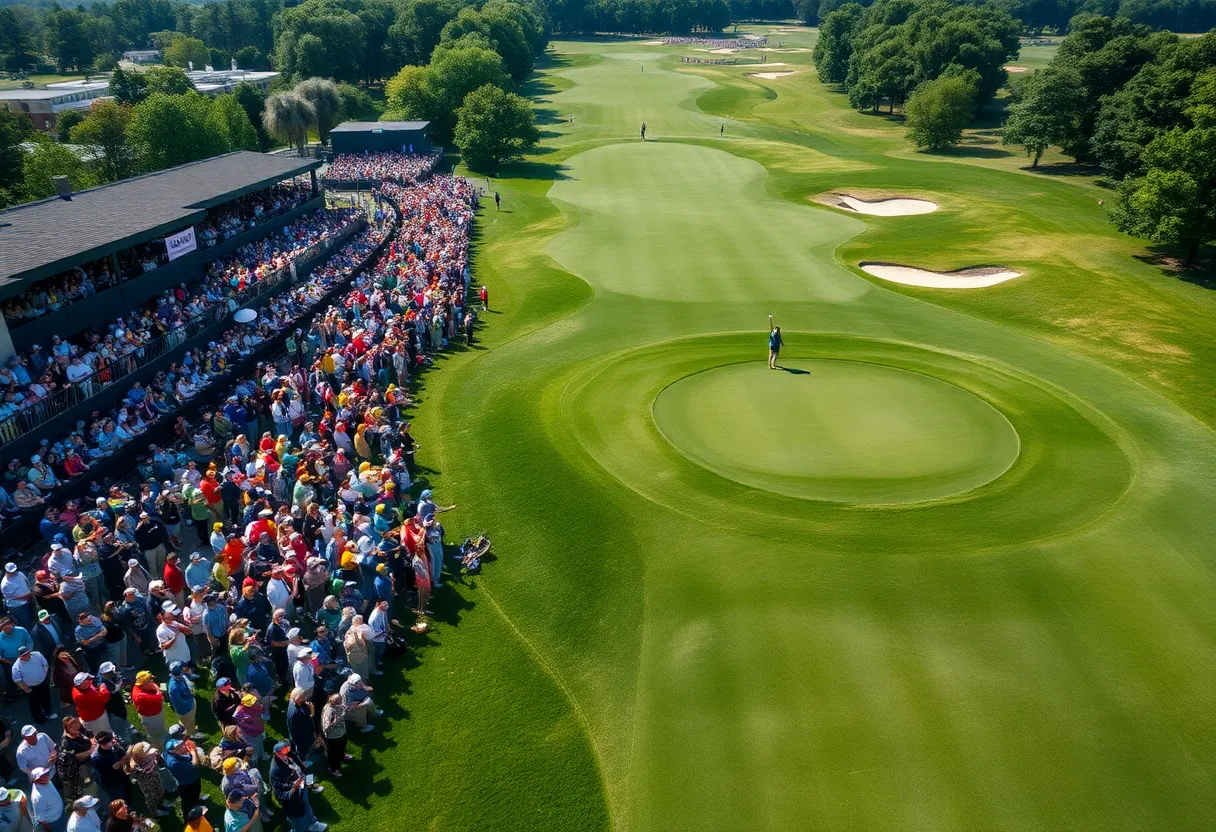 Aerial view of Bethpage Black golf course during the Ryder Cup with fans.