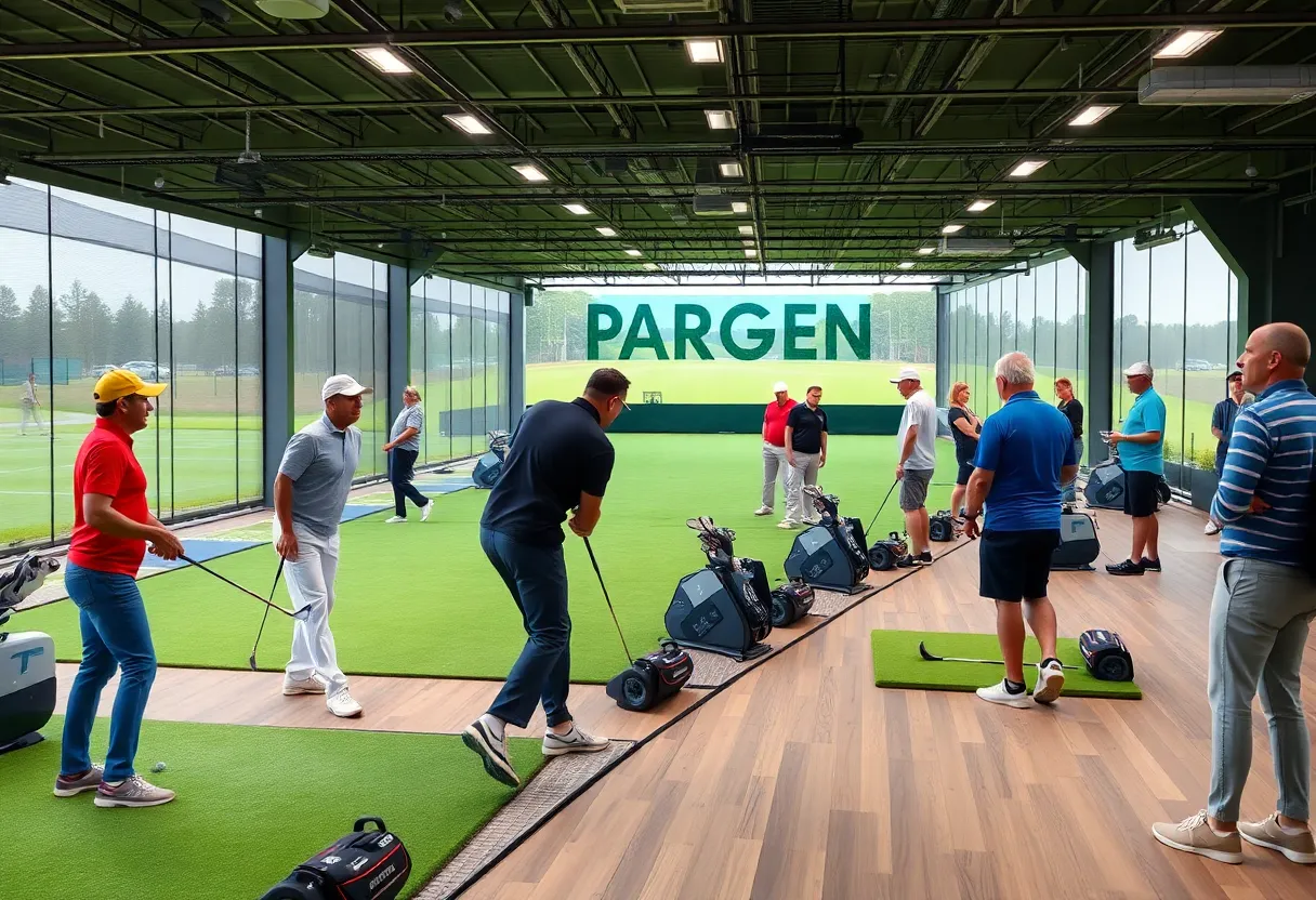 Golfers enjoying a casual game at a modern driving range.