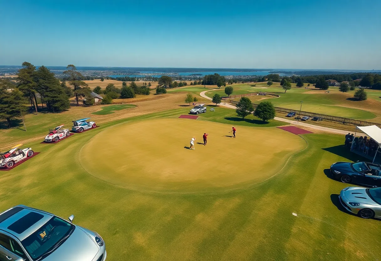 Aerial view of the BMW PGA Championship at Le Golf National with golfers and luxury vehicles