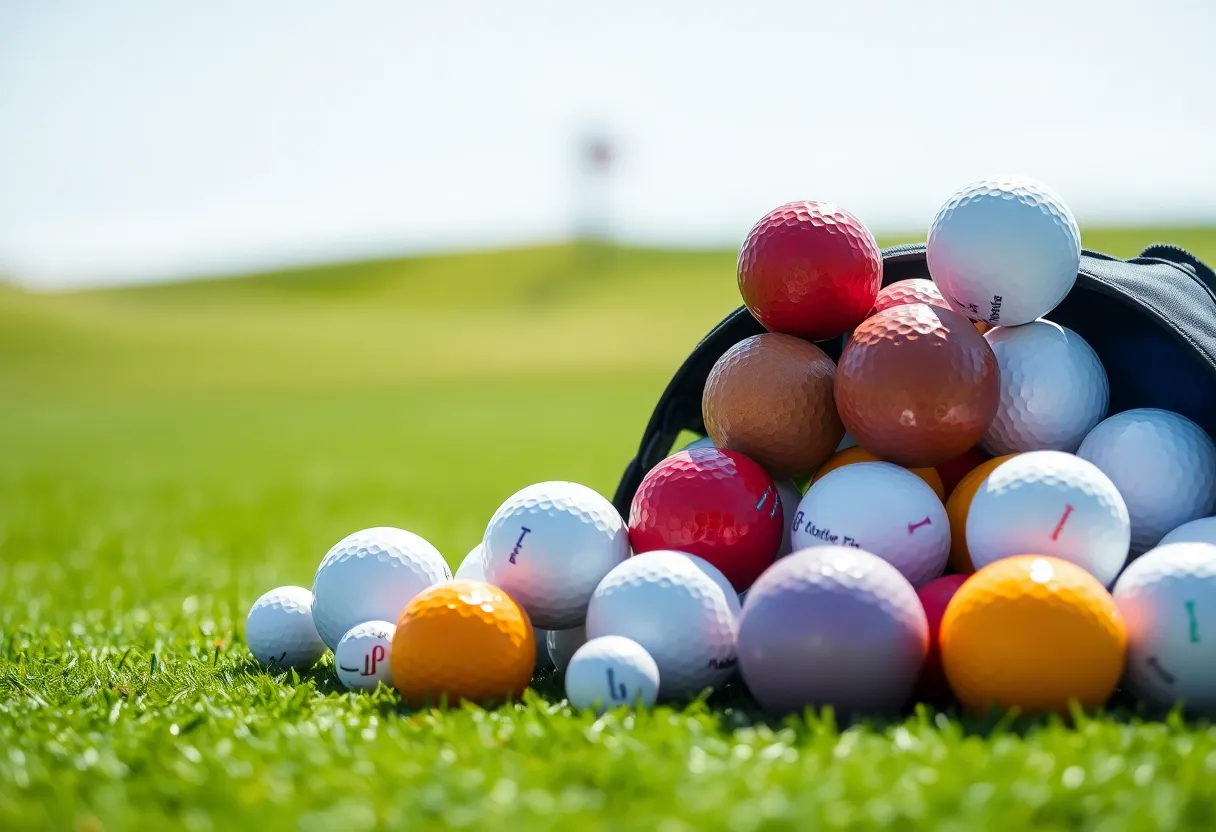A display of Bridgestone golf balls designed for 2025 on a golf course.