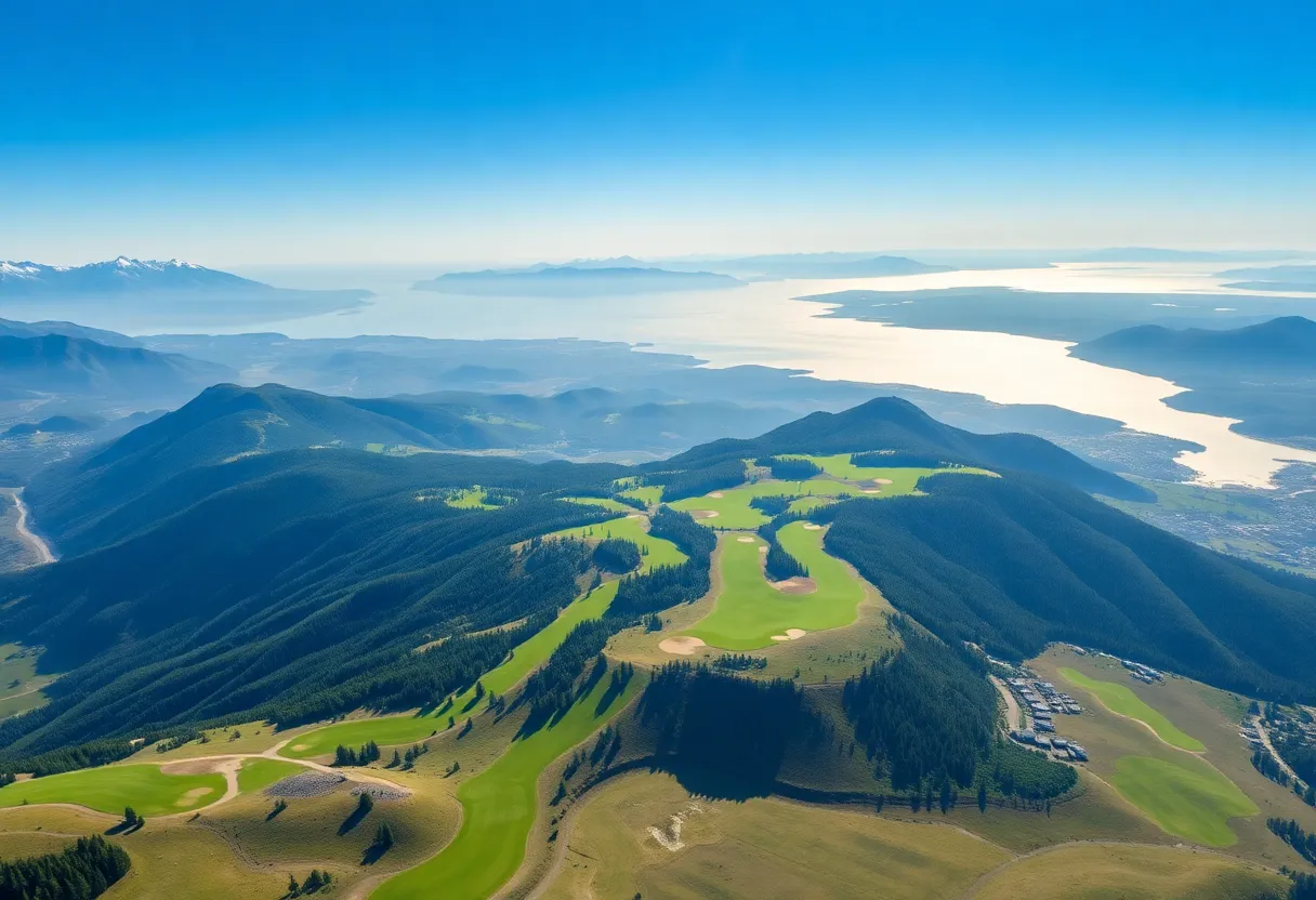 Aerial view of Cabot Pacific Golf Course with mountains and river