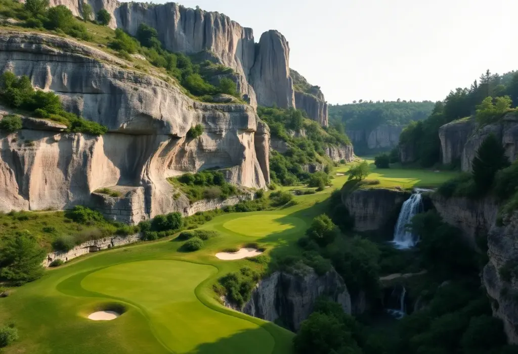 A view of the Cliffhangers par-3 golf course at Big Cedar Lodge with waterfalls and limestone cliffs.