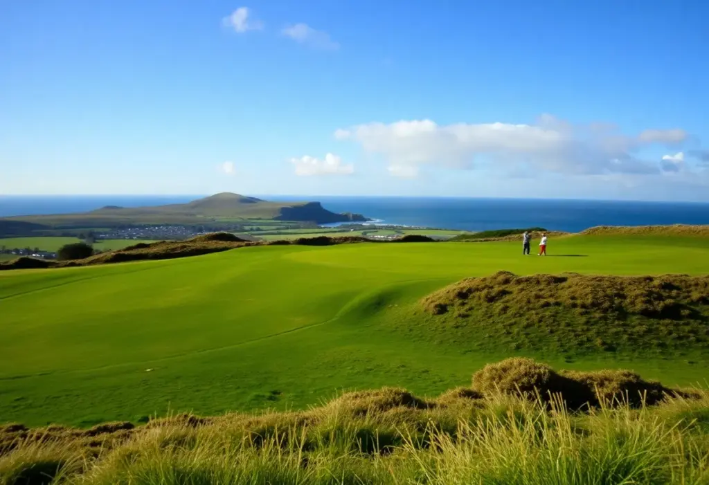 Golfers playing at Corballis Links with scenic views