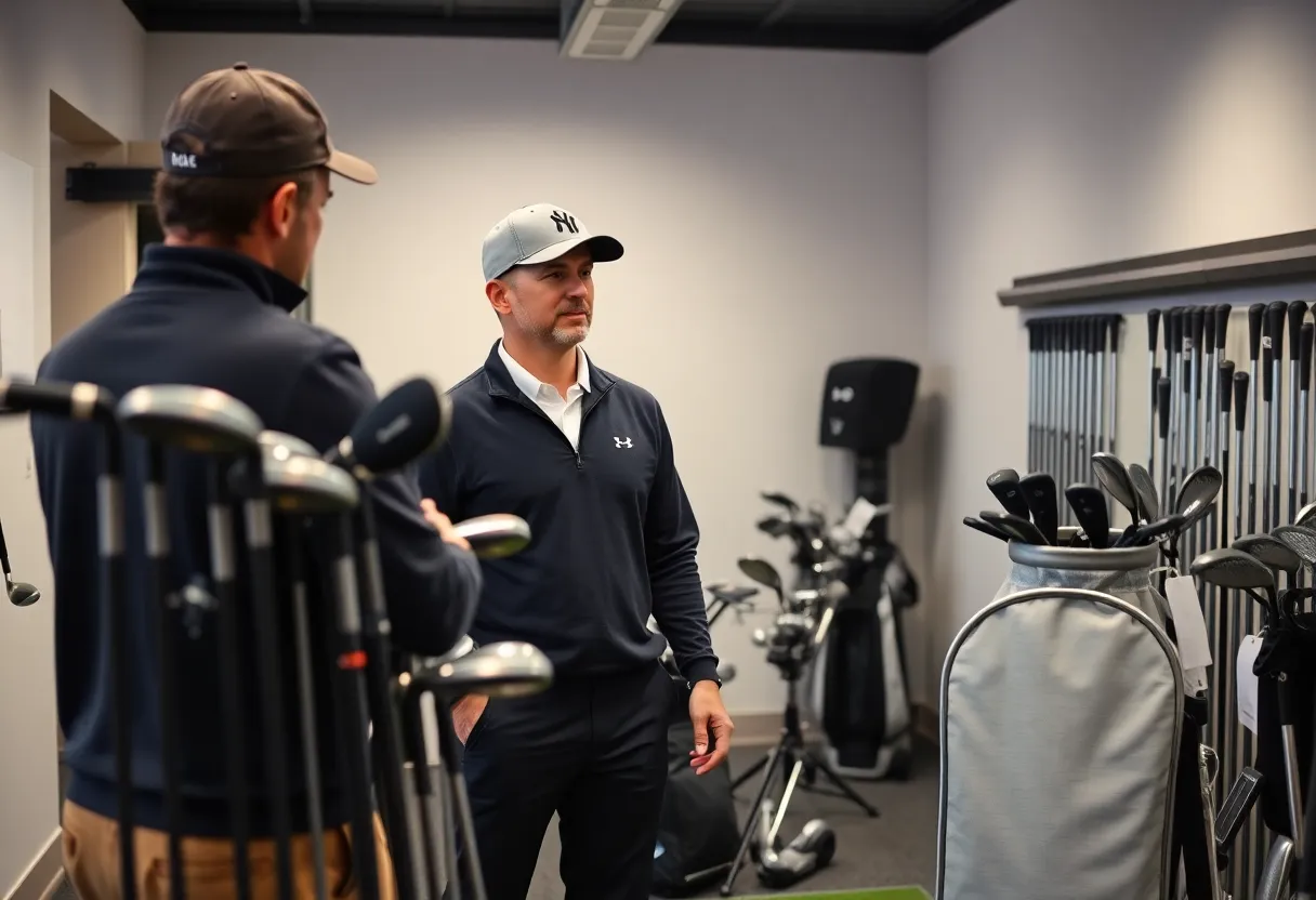 A golfer engaged in a custom golf club fitting session with a professional fitter.