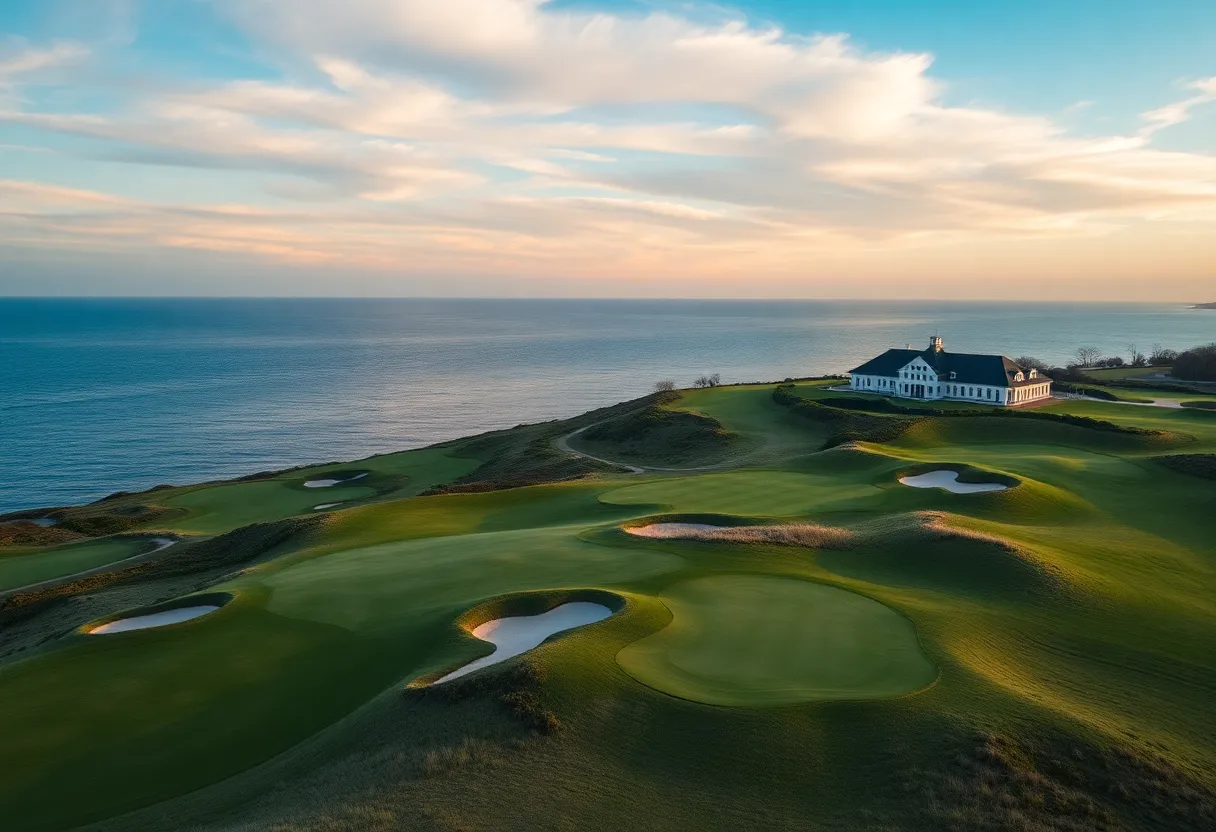 Scenic view of Dumbarnie Links golf course with sea in the background