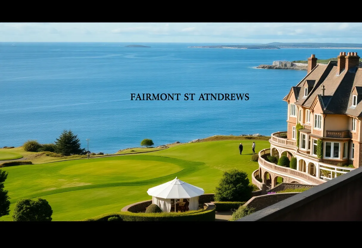 Exterior view of Fairmont St Andrews hotel overlooking the golf course and ocean.