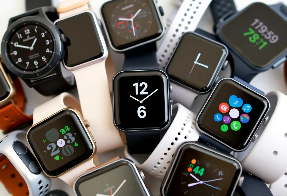 Various fitness trackers and smartwatches from different brands