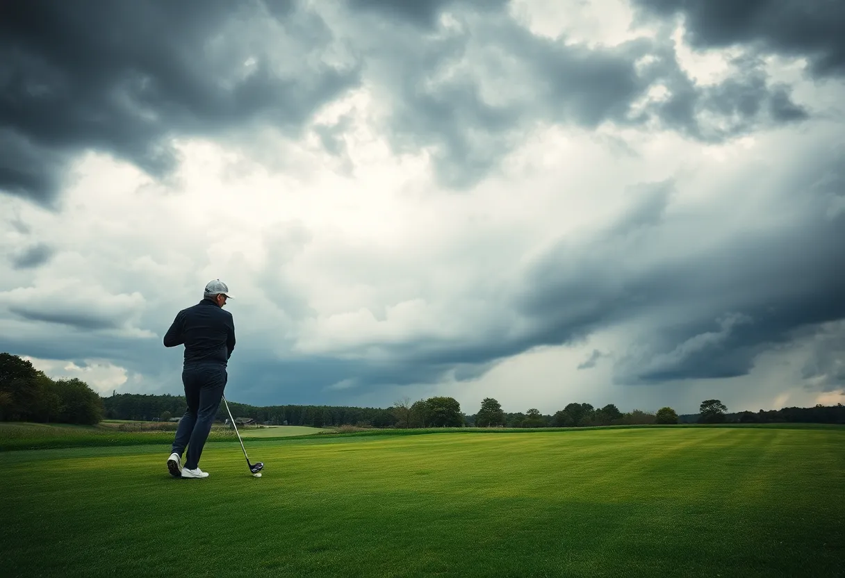 Golfer on the green with stormy skies overhead