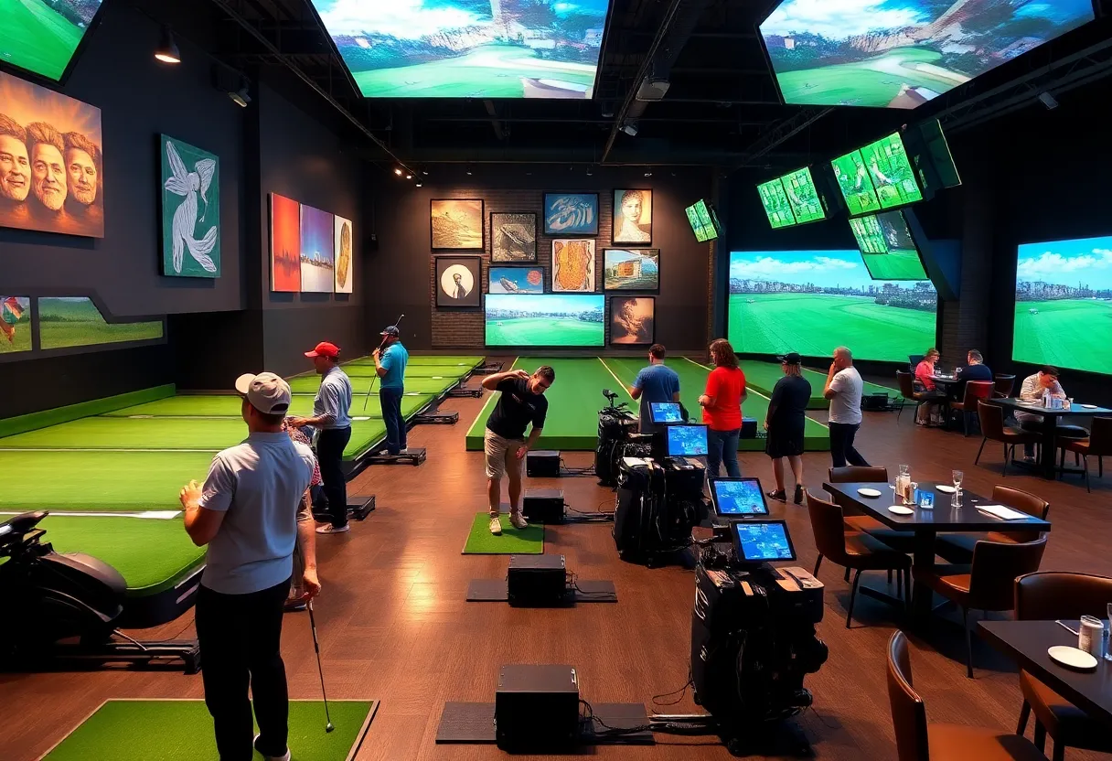 Interior view of Five Iron Golf's new Midtown venue featuring simulators and dining area