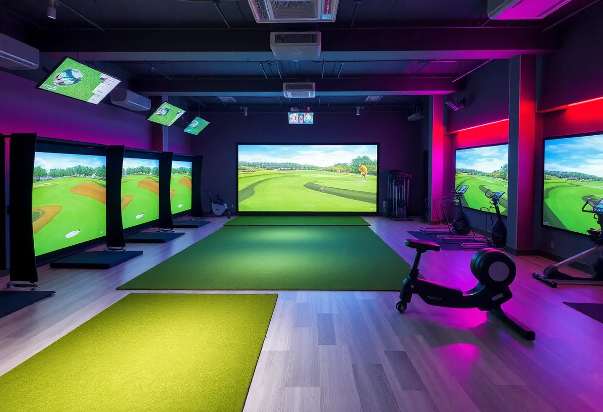 Interior view of Five Iron Golf indoor venue with simulators and wellness equipment