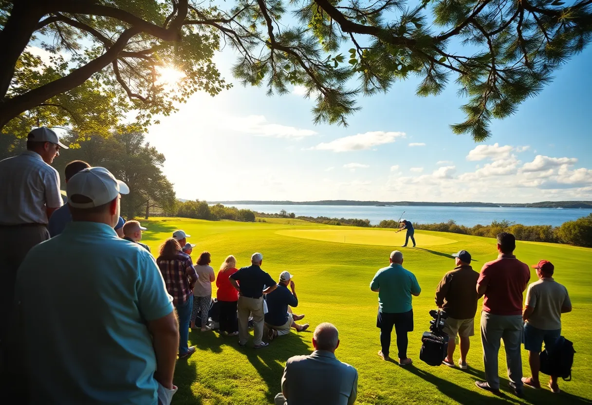 Golf tournament scene with fans cheering on the players