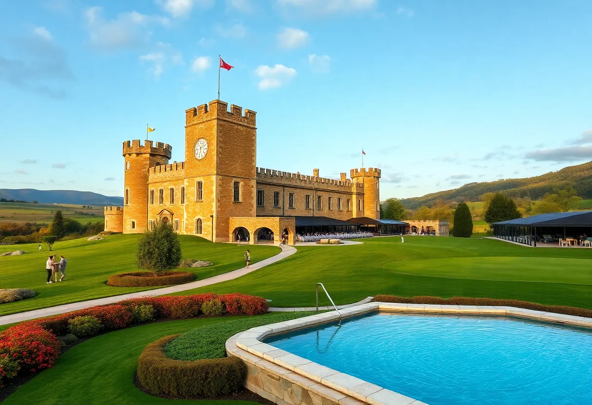 Exterior view of Galgorm Castle Estate with green golf course
