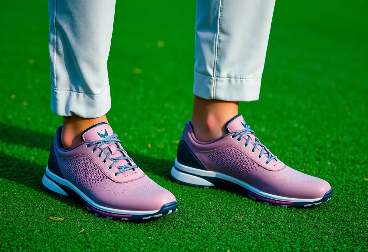 G/FORE spikeless MG4+ O2 G/Lock golf shoes on a golf course.