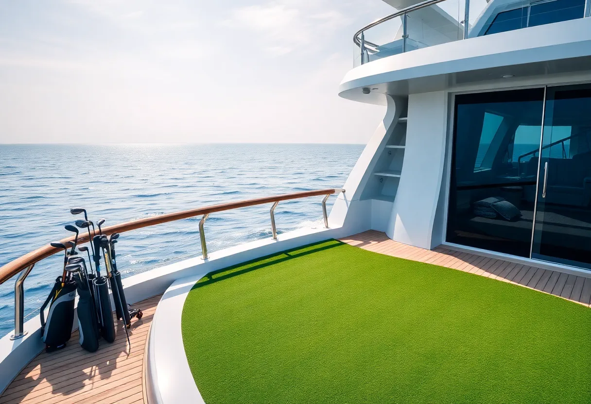 A superyacht with a golf setup on deck, blending luxury and sport.