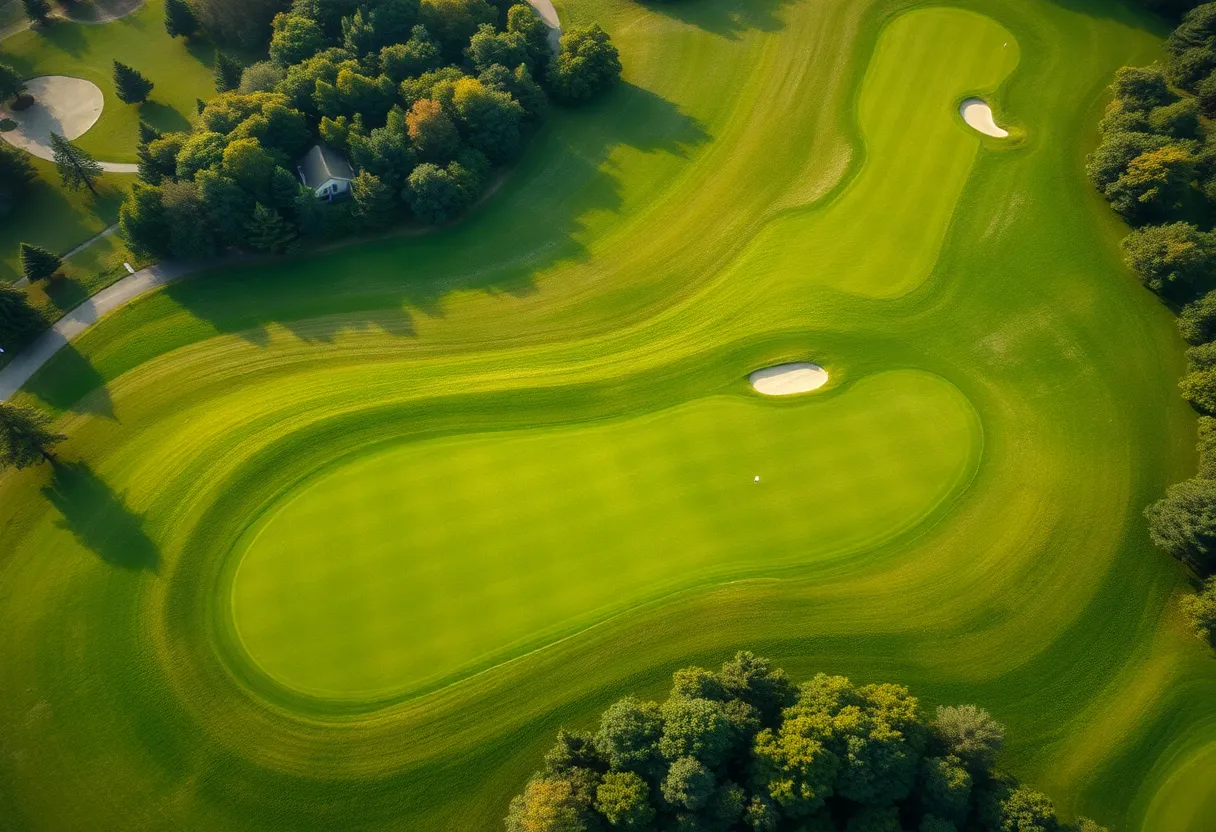 A scenic golf course with cautionary overlay about health risks.