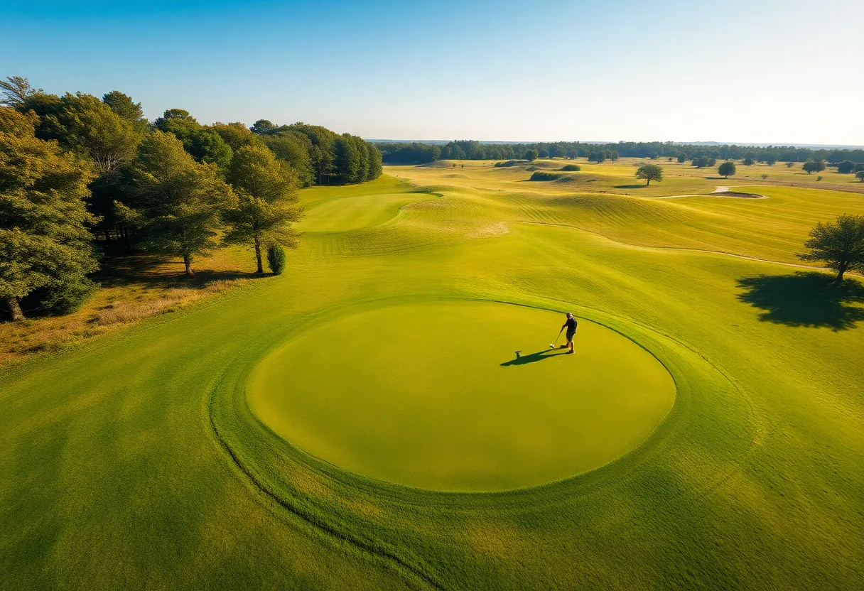 A scenic golf course with players practicing their putting skills.