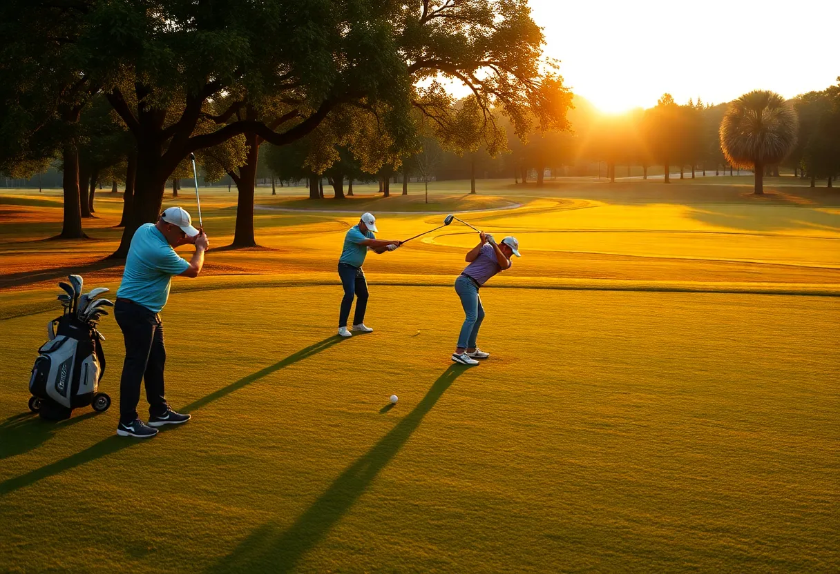 Players practicing golf swings on a serene golf course at sunrise.