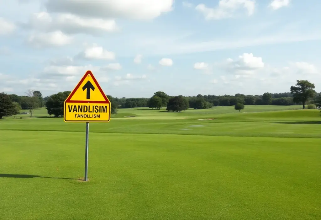 Damaged golf course landscape with visible vehicle tracks