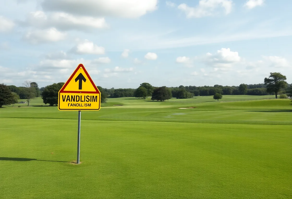 Damaged golf course landscape with visible vehicle tracks