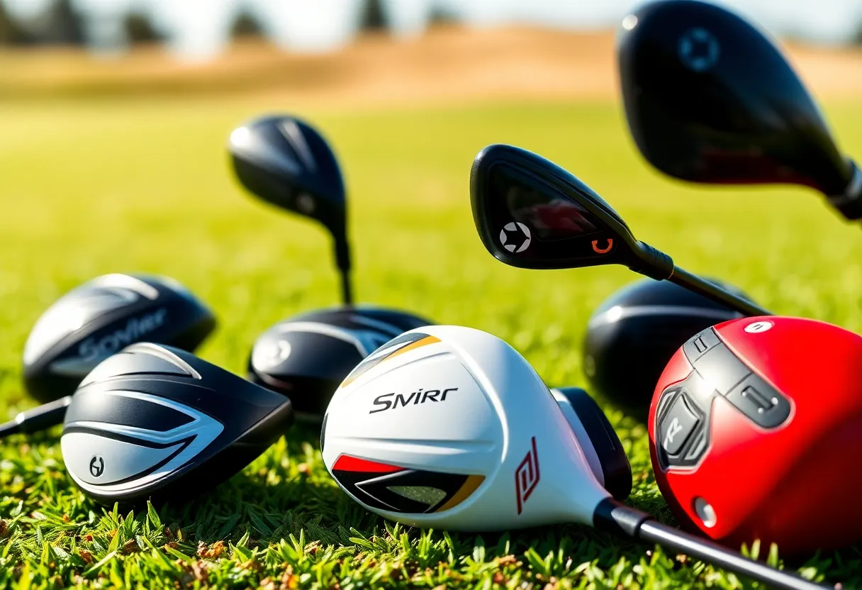 Array of modern golf drivers on a golf course fairway.