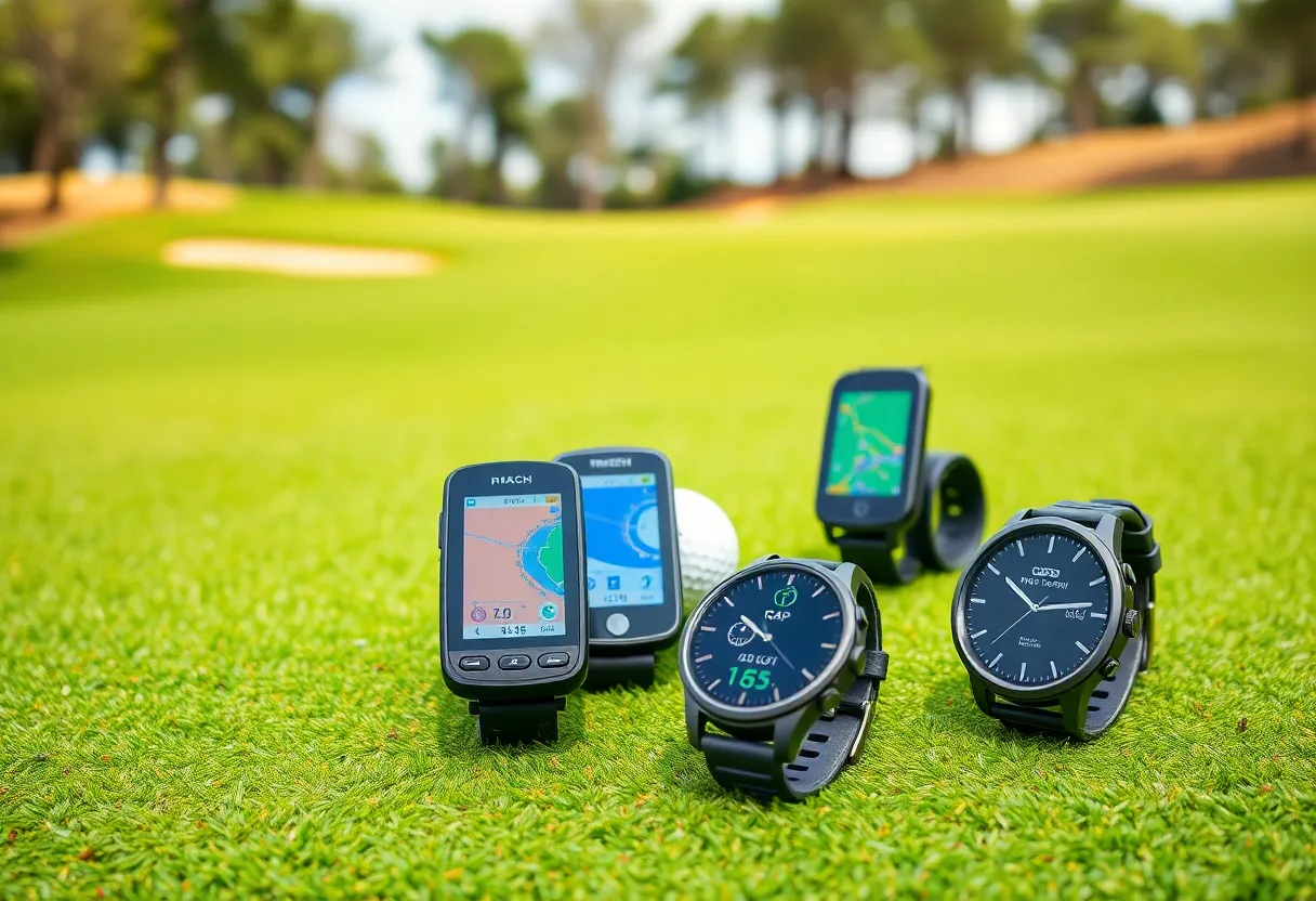 Variety of golf GPS devices on display on a golf course.