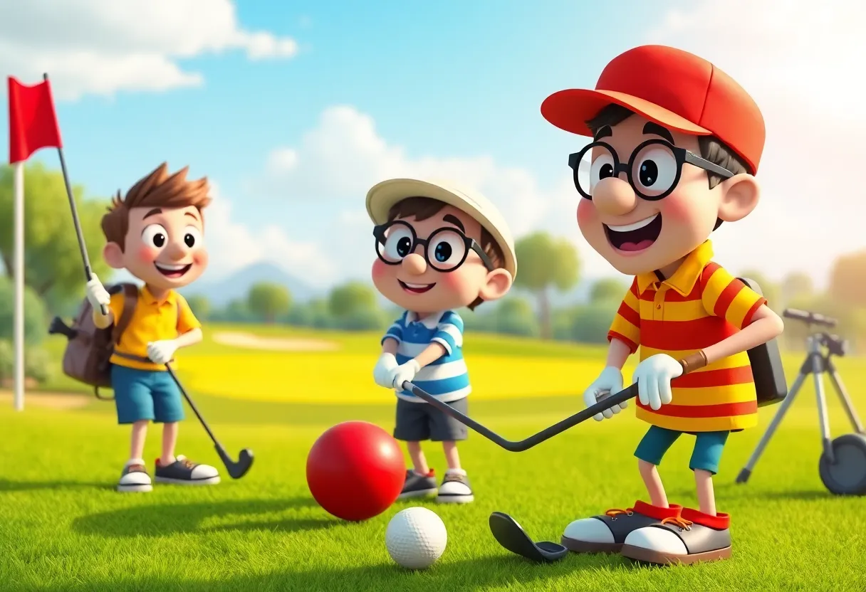 Comedic golf sketch featuring animated characters on a golf course