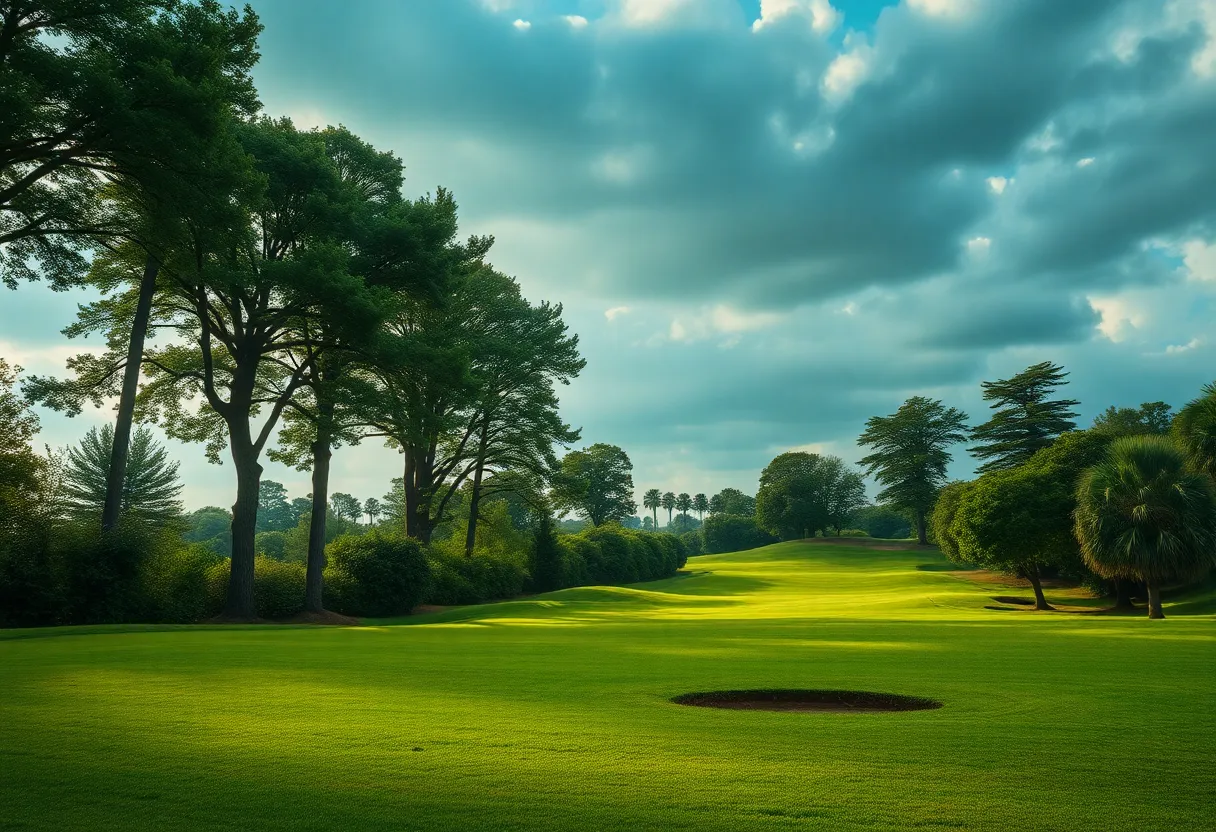 A challenging golf course hole surrounded by trees.