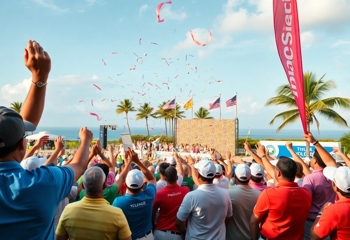 Celebration of a golfer's win at a tropical golf tournament with confetti and cheering fans