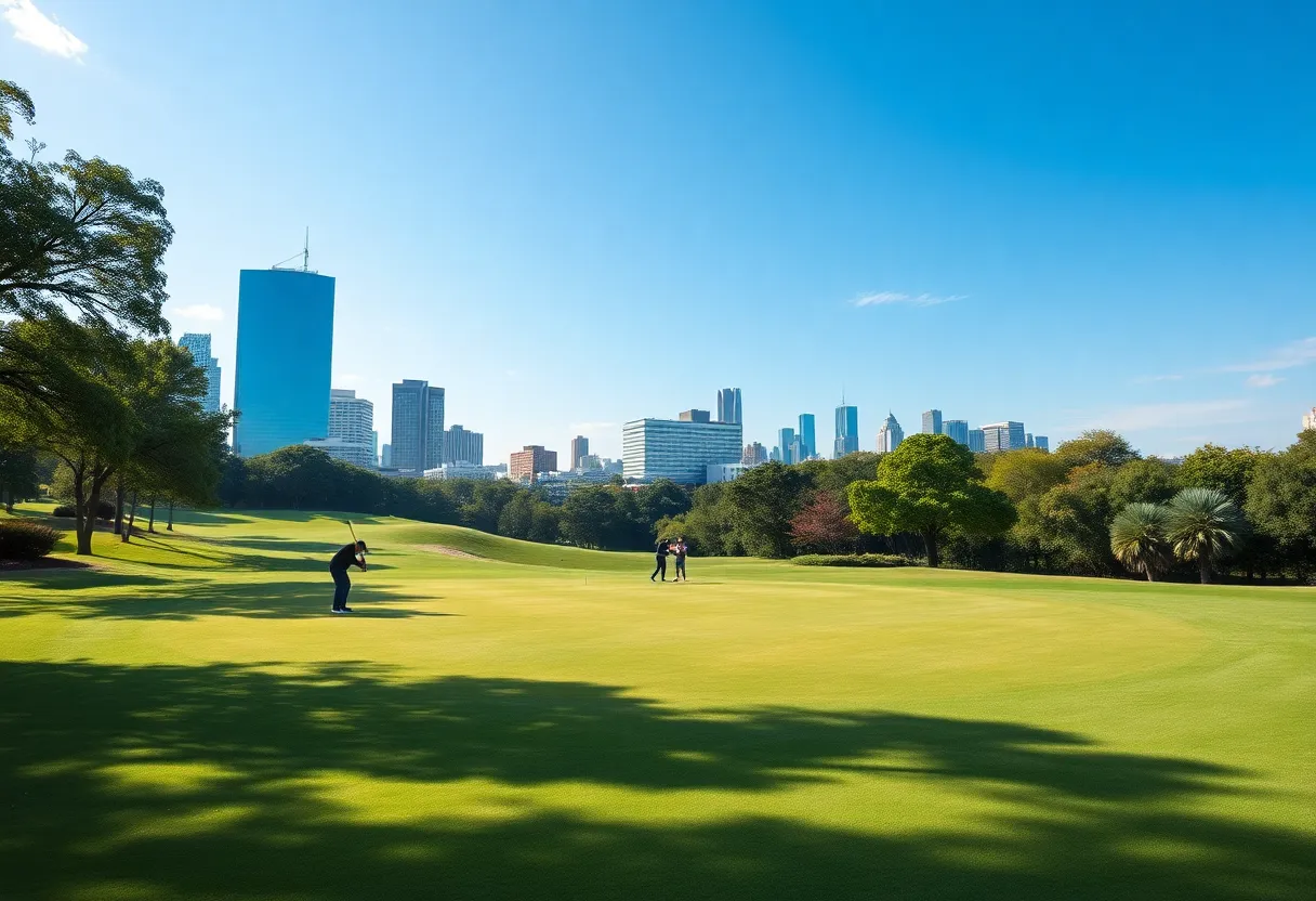View of Harborside International Golf Center showing lush fairways and urban skyline.