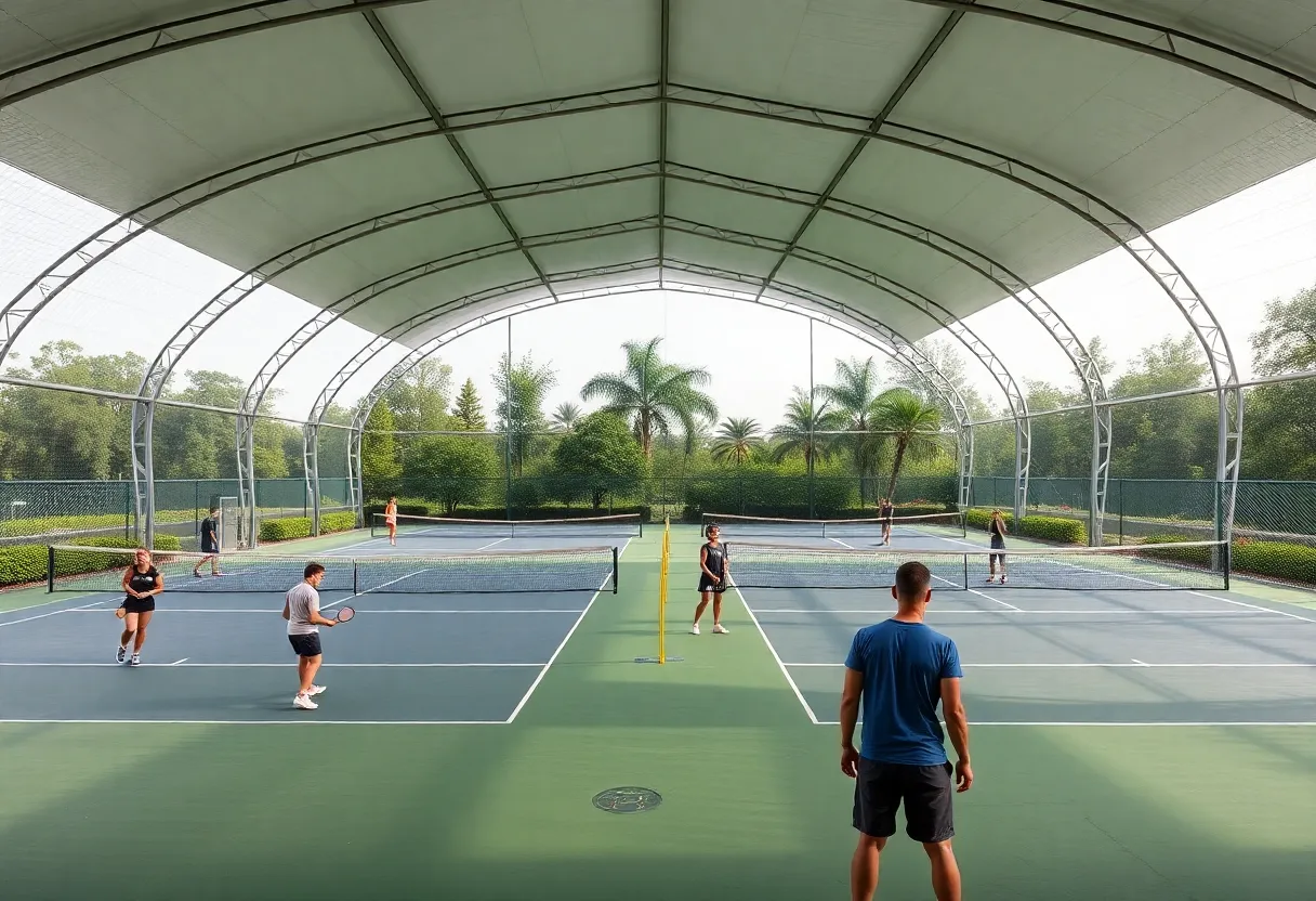 Indoor racquet sports facility with tennis and pickleball courts