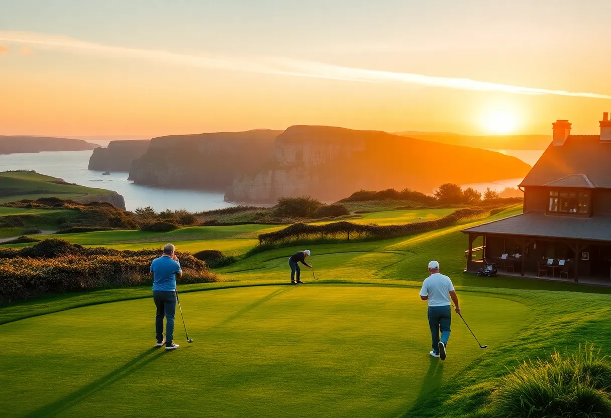Golfers enjoying a scenic game on an Irish golf course during sunset