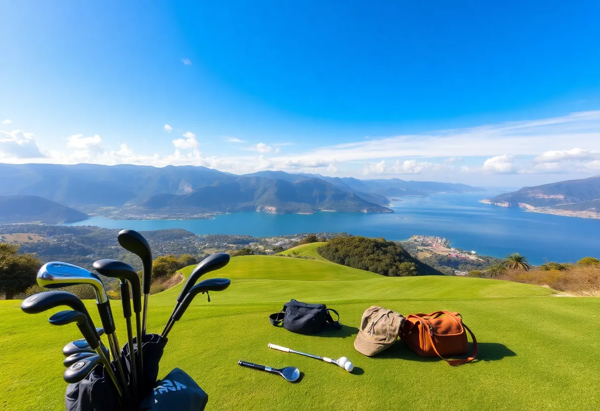 Golf course with golf clubs and travel gear