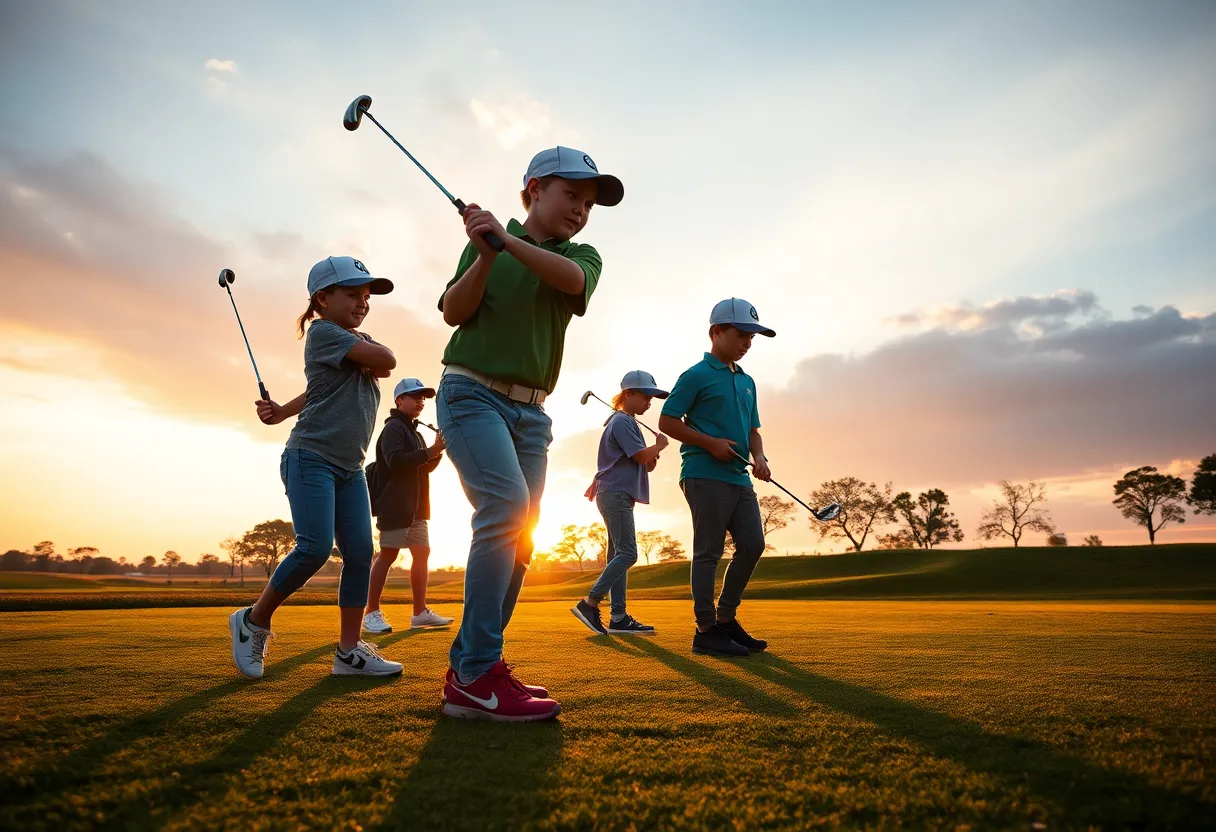 Group of junior golfers practicing on a golf course