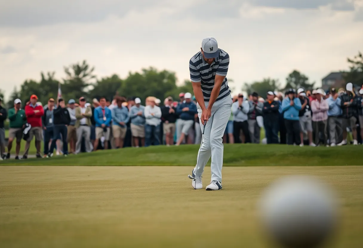A golfer swinging and missing the ball with a surprised crowd in the background