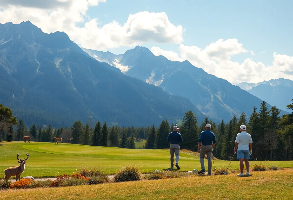 Scenic view of Lake Estes Golf Course with mountains and golfers