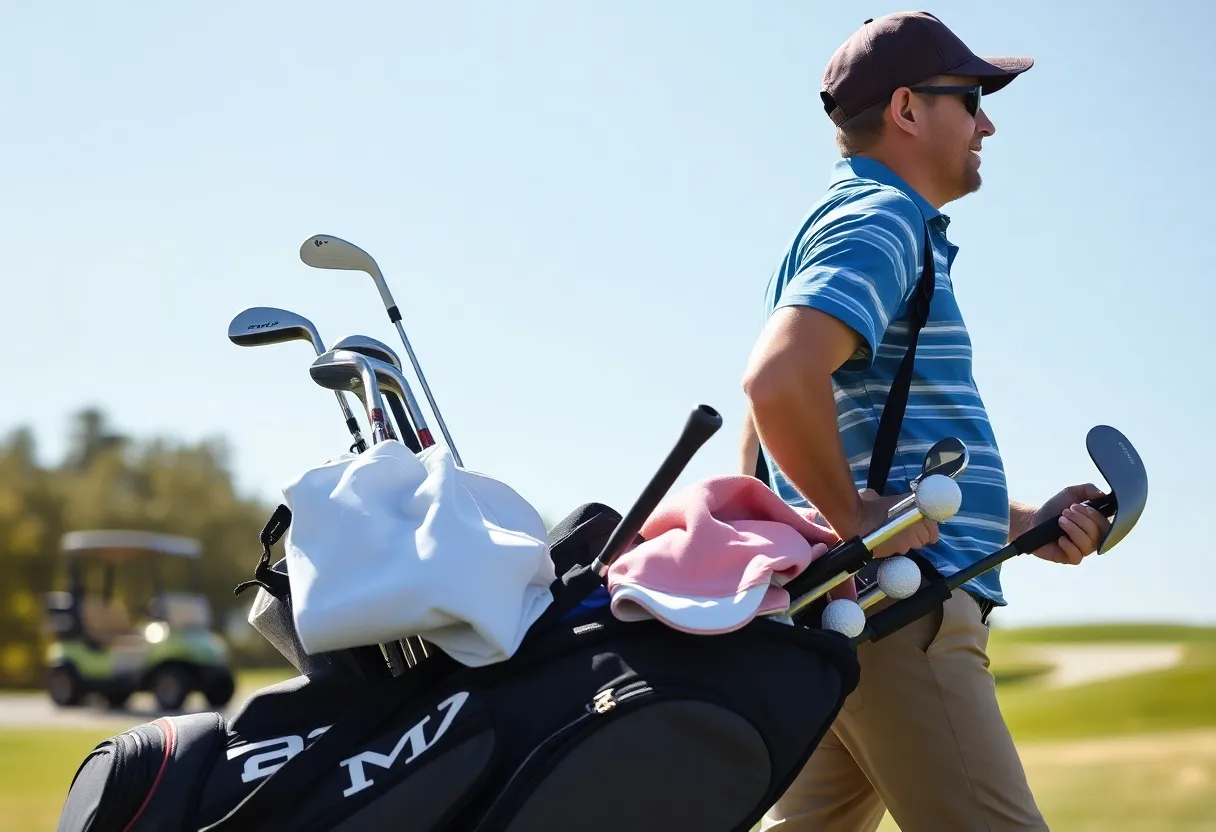 A person packing a light bag with golf essentials for a weekend getaway.
