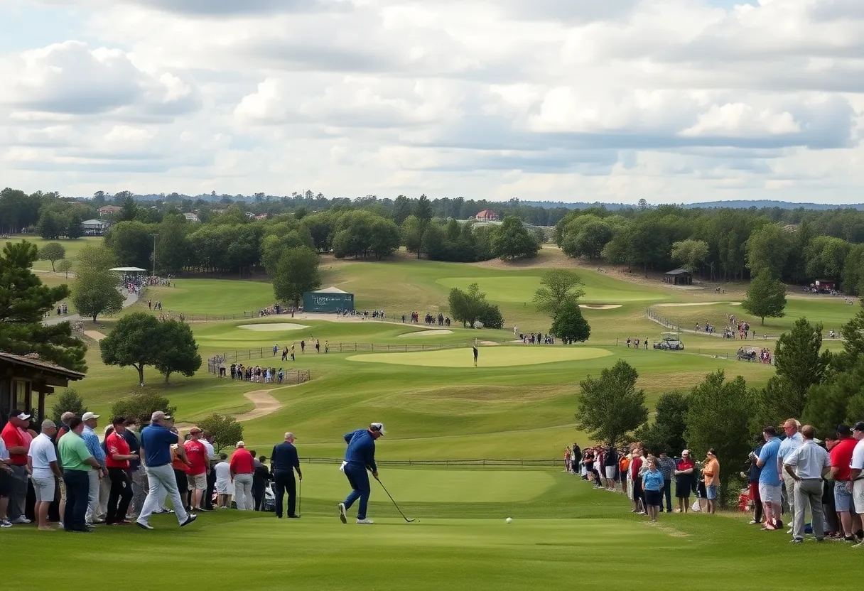 Golf course scene showcasing players and spectators.